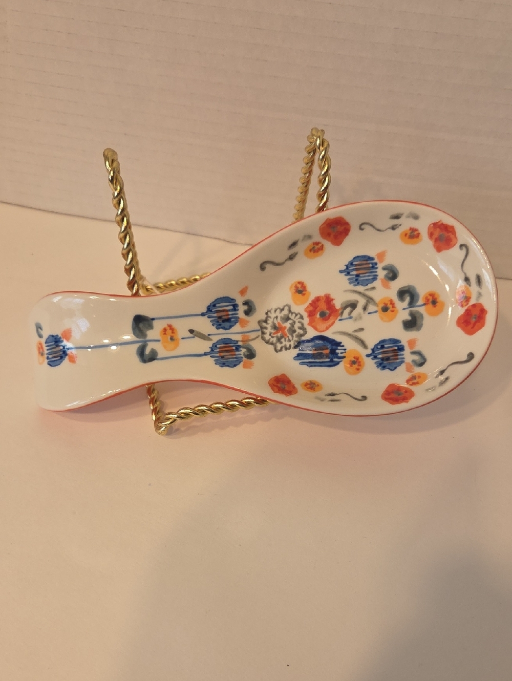 Anthropologie Hand-Painted Floral Ceramic Spoon Rest Blue & Orange - Picture 3 of 9